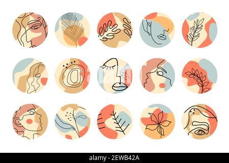 Creative contemporary aesthetic doodle elements set, vector highlight covers. Abstract backgrounds with faces, plants in a round shape. Vector Stock Vector