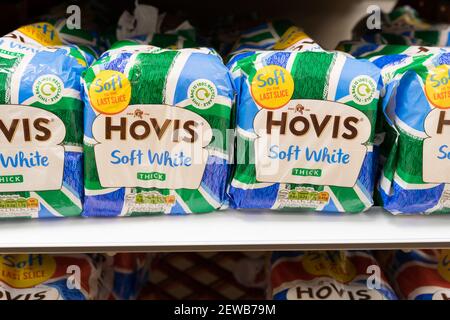 four loaves of sliced bread for toast and sandwiches on shelves for sale in supermarket, UK Stock Photo