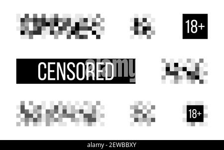 Censored signs on white backdrop. Rectangle censor template. Censorship pixel effect. Censure mosaic design. Blurry pixel symbol. Vector illustration. Stock Vector