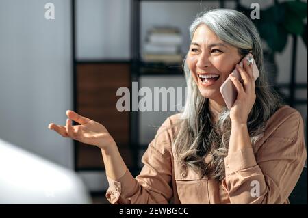 Satisfied successful middle aged gray-haired lady, business woman, have phone talk with coworker or friend, gesturing with hand, looks away and happily smile Stock Photo
