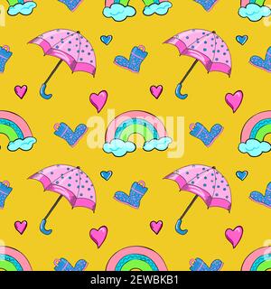 seamless vector pattern with umbrella, rainboots, rainbow and hearts on the yellow background Stock Vector