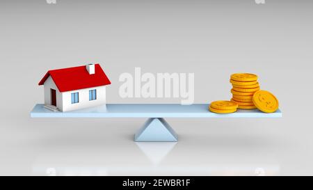 Scales with a house and money in the form of gold coins on a gray background. 3d render. Stock Photo