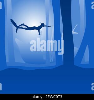 man freediver glides with fins underwater with ship wreck underwater deep sea bottom in blue shade gradient background illustration vector. Stock Vector