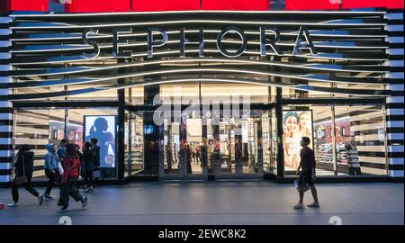 A branch of the French make up and beauty chain, Sephora, located in Herald  Square in New York on Tuesday, May 9, 2017. Sephora announced it plans to  open 100 stores in 2020 but in off-mall locations. Sephora is a brand of  the luxury retail