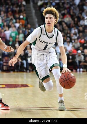 February 24, 2017 Los Angeles, CA.The CIF-SS Open DIV Semi Final Boys Prep  Basketball Game..LaMelo Ball #1 in action during the Prep Basketball  Game..Mater Dei vs Chino Hills at the Galen Center