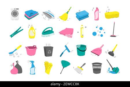 Set of vector multicolored flat icons. Cleaning and washing concept. Laundry and homework illustration. Isolated over white background. Stock Vector