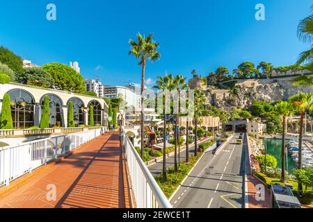 View of the coast of Monte Carlo, Monaco, of the Fontveille harbor, city and the tunnel through the Rock. Stock Photo