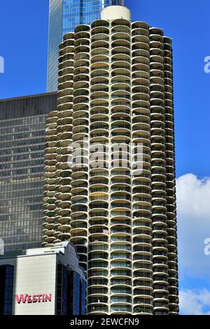 Chicago, Illinois, USA/ The corn cob-shaped towers of Marina City, a mixed-use residential/commercial building complex completed in 1968. Stock Photo