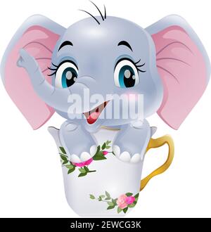 Cute baby elephant cartoon sitting in the cup Stock Vector