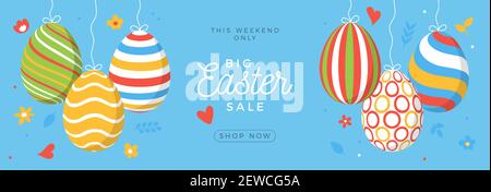 Easter egg sale horizontal banner. Easter card with flat eggs hang on a thread, colorful ornate eggs on blue modern background. Vector illustration. P Stock Vector