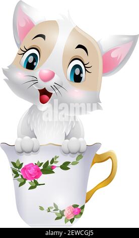 Cute little cat cartoon sitting in the cup Stock Vector