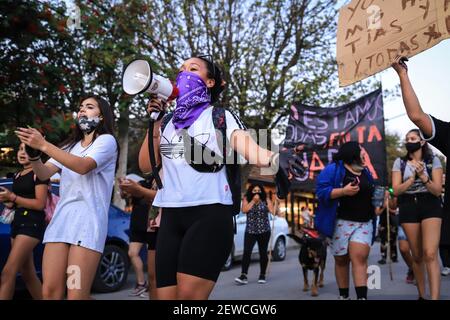 Neuquen Province, Argentina. 3rd Mar, 2021. (INT) Protest over femicide of Argentinian Guadalupe Curual. March 2, 2021, Neuquen Province, Argentina: Female demonstrators protested in front of the police station in Villa La Angostura, Neuquen Province, Argentina, 200 mts away from where 21-year old Guadalupe Curual was killed one week ago by her boyfriend Bautista Quintriqueo, who tried to commit suicide. Rage boils over amid ArgentinaÃ¢â‚¬â„¢s unrelenting femicide crisis. Credit: Santiago Menichelli/Thenews2. Credit: Santiago Menichelli/TheNEWS2/ZUMA Wire/Alamy Live News Stock Photo
