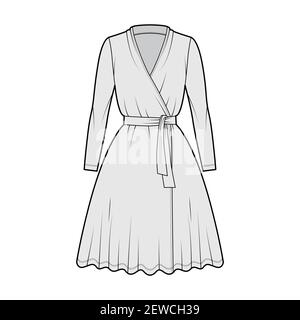 Wrap dress technical fashion illustration with deep V-neck, long sleeves, oversized, knee length, circular cut, tie. Flat apparel template front, grey color style. Women, men unisex CAD mockup Stock Vector