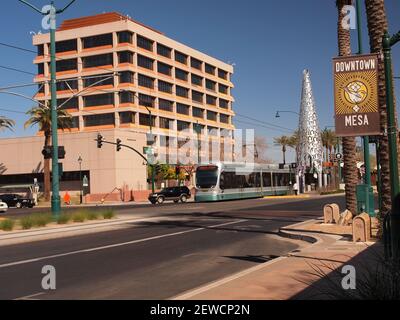 Mesa, Arizona downtown showing modern development and light rail system. Mesa is a clean vibrant city just east of Phoenix in the American Southwest. Stock Photo