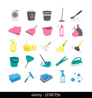 Multicolor illustration concept of cleaning products. Vector isolated icons. Washing, ironing, cleaning. Stock Vector
