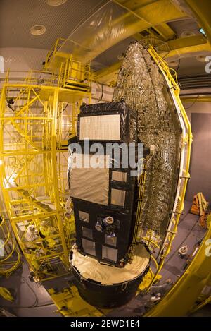 Sentinel-3A satellite being encapsulated within its Rockot fairing, on ...