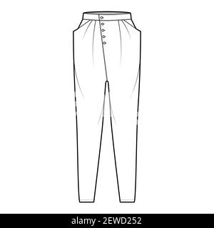 Tapered Baggy pants technical fashion illustration with low waist, rise, slash pockets, draping front, full lengths. Flat bottom apparel template, white color style. Women, men, unisex CAD mockup Stock Vector