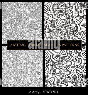 Set of black and white abstract patterns with floral and plant elements. Stock Vector