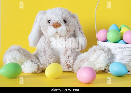Easter stuffed bunny with colored eggs and easter basket on yellow background Stock Photo
