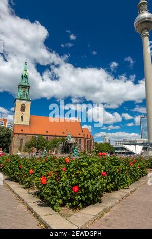 Berlin, Germany - July 01, 2018: Flower bed in front of the Neptune fountain in the center of Berlin Stock Photo