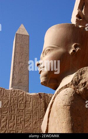 Statue of the pharoah Ramses II at the Temple of Karnak in Luxor, Egypt. Queen Hatshepsut's obelisk is to the left hand side. Stock Photo