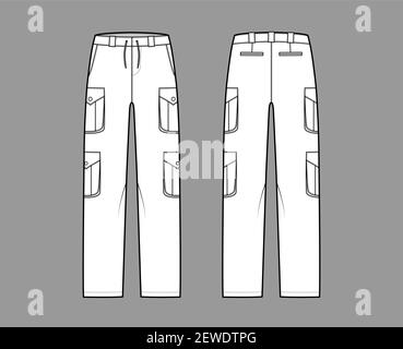 Set of cargo pants technical fashion illustration with low waist, rise, pockets, belt loops, full lengths. Flat bottom apparel template front back, white, color style. Women, men, unisex CAD mockup Stock Vector