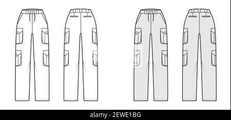 Set of cargo pants technical fashion illustration with normal waist, high rise, pockets, belt loops, full lengths. Flat bottom apparel front back, white, grey color style. Women, men unisex CAD mockup Stock Vector