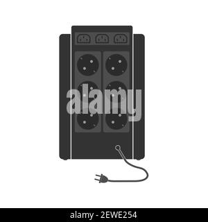 Professional uninterruptible power supply with a large number of sockets and connectors. Rear view. A unit with a network cable. Flat vector Stock Vector