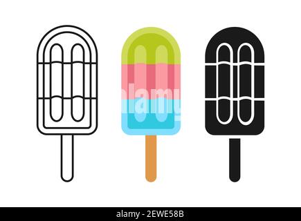 Ice Cream lolly, cartoon set line icon and black glyph style. Comic popsicles on stick dessert fruit or berry topping. Kawaii bright summer collection sweet food, splash. Isolated vector illustration Stock Vector