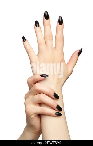 Female hands with black nails manicure.  Isolated on white background. Stock Photo