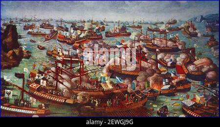 An early British colour illustration showing the Catholic Christians fighting the Turks at the Battle of Lepanto in 1571. The Battle of Lepanto was a naval engagement that took place on 7 October 1571 when  a coalition of Catholic states arranged by Pope Pius V, inflicted a major defeat on the fleet of the Ottoman Empire in the Gulf of Patras. The battle marked  the last major engagement in the Western world to be fought almost entirely between rowing vessels Stock Photo