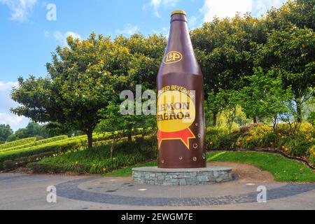 The giant Lemon & Paeroa bottle in Paeroa, New Zealand. The soft drink was originally made with mineral water from this town Stock Photo