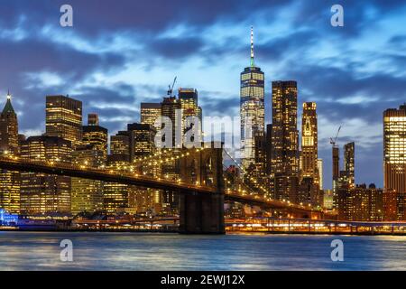 New York City skyline night Manhattan town Brooklyn Bridge World Trade Center travel.
