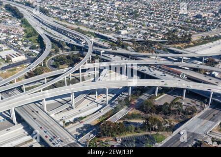 Aerial view of highway interchange Harbor and Century Freeway traffic ...