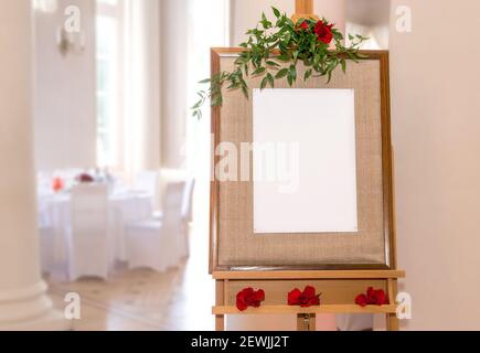 Wedding or birthday party empty seating chart map concept. Empty paper with room for text, set modern fancy manor on background. Stock Photo
