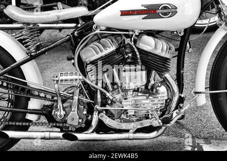 Custom 1942 Harley Davidson WLC Flathead Motorcycle at Bicester Heritage Centre. Oxfordshire, England. Black and White with a red spot colour Stock Photo