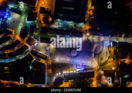 An aerial top view of beautiful Tuzla cityscape in Bosnia and Herzegovina at night Stock Photo