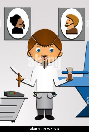 Cartoon of a cute Happy Barber, in his Barbershop.  This illustration is part of a collection of different professions. Stock Photo