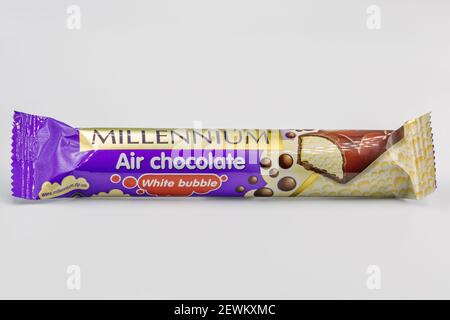 KYIV, UKRAINE - DECEMBER 24, 2020: Millennium Air chocolate bar closeup against white background. It is a chocolate factory in Dnipro, Ukraine, and a Stock Photo