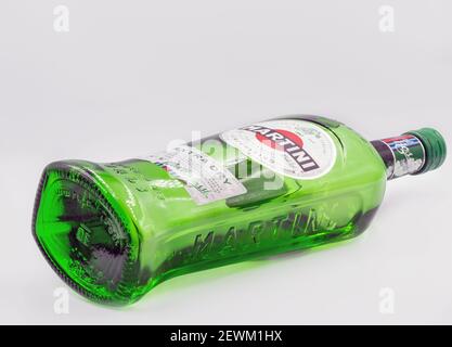 KYIV, UKRAINE - JANUARY 06, 2021: Martini Extra Dry bottle closeup, a famous Italian vermouth is the world's fourth most powerful alcoholic brand prod Stock Photo