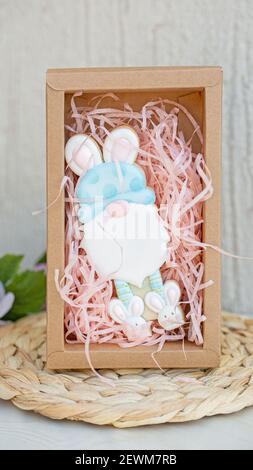 Creative home made Easter rabbit gnome cookie with royal icing Stock Photo