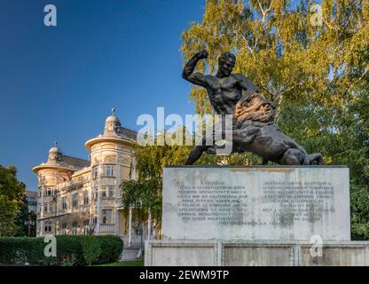 44th Infantry Regiment Monument, by Erno Jalics, 1944, Gergely Csiky Theatre behind, in Kaposvar, Southern Transdanubia, Hungary, Central Europe Stock Photo