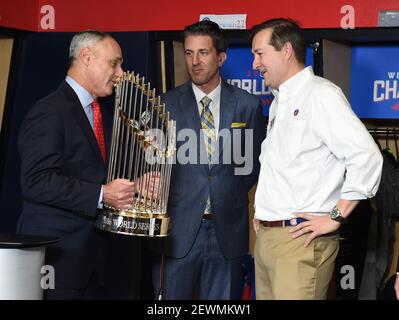 Theo Epstein Signed Chicago Cubs 2016 World Series Holding Trophy