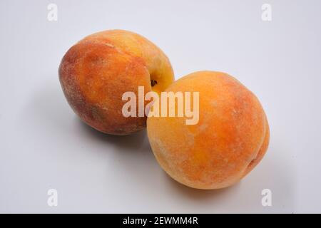 Tasty and useful fresh fruits, ripe red and orange peaches with a terry white skurt are located on a white background. Stock Photo