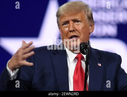 February 28, 2021, Orlando, Florida, United States: Former President Donald Trump addresses attendees at the 2021 Conservative Political Action Conference (CPAC) at the Hyatt Regency. .The four day gathering of conservatives, usually held in the Washington, D.C. area, was relocated to Florida this year where Gov. Ron DeSantis has imposed fewer COVID-19 restrictions. (Credit Image: © Paul Hennessy/SOPA Images via ZUMA Wire) Stock Photo