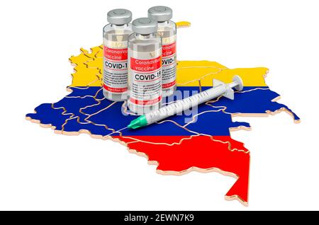 Vaccine and syringe with Colombian map. Vaccination in Colombia concept, 3D rendering isolated on white background Stock Photo