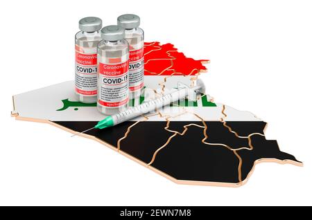 Vaccine and syringe with Iraqi map. Vaccination in Iraq concept, 3D rendering isolated on white background Stock Photo