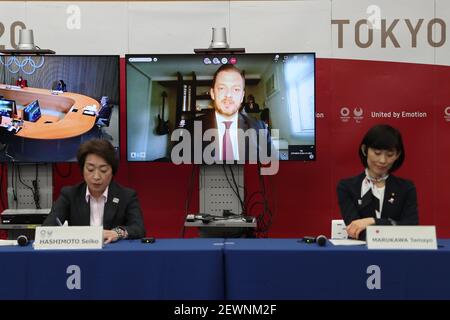 March 3, 2021, Tokyo: Andrew Parsons (on the screen), president of IPC, speaks via teleconference during the five-party meeting at the Tokyo 2020 headquarters in Tokyo, Japan, on March 3, 2021. The Tokyo Organising Committee of the Olympic and Paralympic Games (Tokyo 2020) held a five-party meeting on Wednesday with the Tokyo Metropolitan Government Yuriko Koike, Tokyo 2020 President Seiko Hashimoto (L), Minister for the Tokyo Olympic and Paralympic Games Tamayo Marukawa (R), and members of the International Olympic Committee (IOC) and the International Paralympic Committee (IPC) (Credit Image Stock Photo