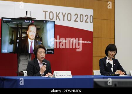 March 3, 2021, Tokyo: HASHIMOTO Seiko (L), president of Tokyo 2020, speaks during the five-party meeting at the Tokyo 2020 headquarters in Tokyo, Japan, on March 3, 2021. The Tokyo Organising Committee of the Olympic and Paralympic Games (Tokyo 2020) held a five-party meeting on Wednesday with the Tokyo Metropolitan Government Yuriko Koike, Tokyo 2020 President Seiko Hashimoto (L), Minister for the Tokyo Olympic and Paralympic Games Tamayo Marukawa (R), and members of the International Olympic Committee (IOC) and the International Paralympic Committee (IPC) (Credit Image: © POOL via ZUMA Wire) Stock Photo
