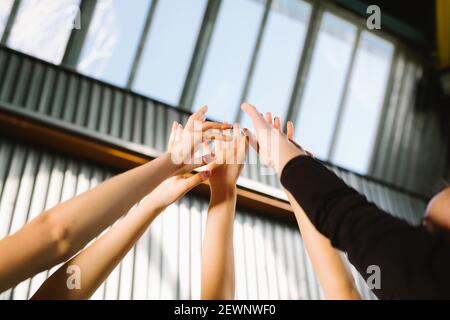 Conceptual image of teamwork and cooperation with a group of people raising their hands and placing them together, Close up view of their hands. Ready Stock Photo